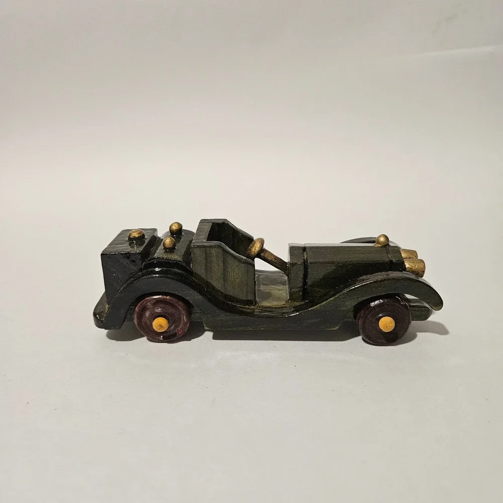 Vintage Style Handcrafted Wooden Roadster Model Car Dark Green Gold Accents